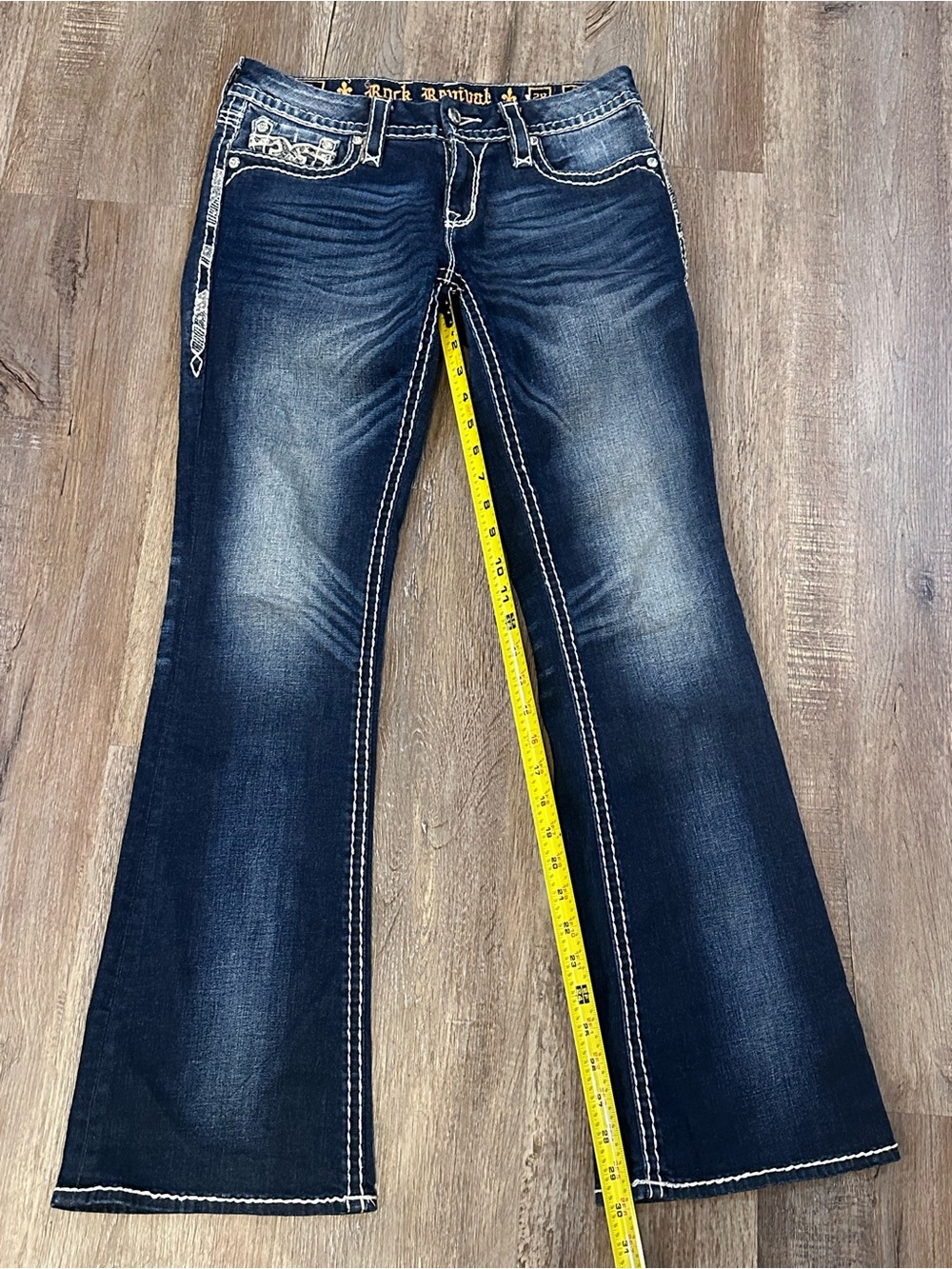 Rock Revival Dark Blue Boot Cut Jeans with Contrast Stitching